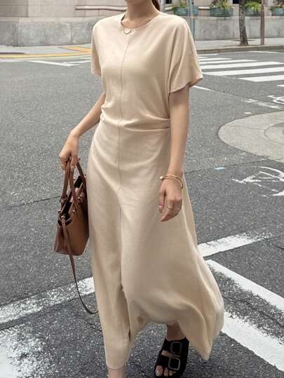 FRIFUL Women's Long Solid Color Pleated Waist Dress With Raglan Sleeve, Business Casual Linen
