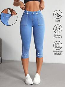 Flexra 女式纯色口袋修身弹力七分牛仔裤 - 藍色 - 查看 3