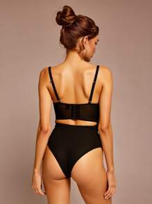 SHEIN SXY Bộ đồ liền thân lưới màu trơn gợi cảm thời trang cho nữ - màu đen - Xem 2