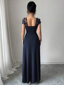 Elenzga Spring/Summer Holiday Party Banquet Net Embroidered Fitted Dress - Navy Blue - View 2