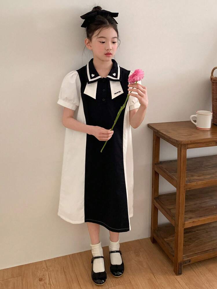 Tween Girls Colorblock Lapel Short Sleeve Casual Dress, Summer