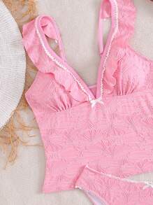 Swim Mod 2pcs Spring New Ribbed Fabric Ruffled Pink Tankini Set, Vacation Leisure Tankini For Summer - Pink - View 8