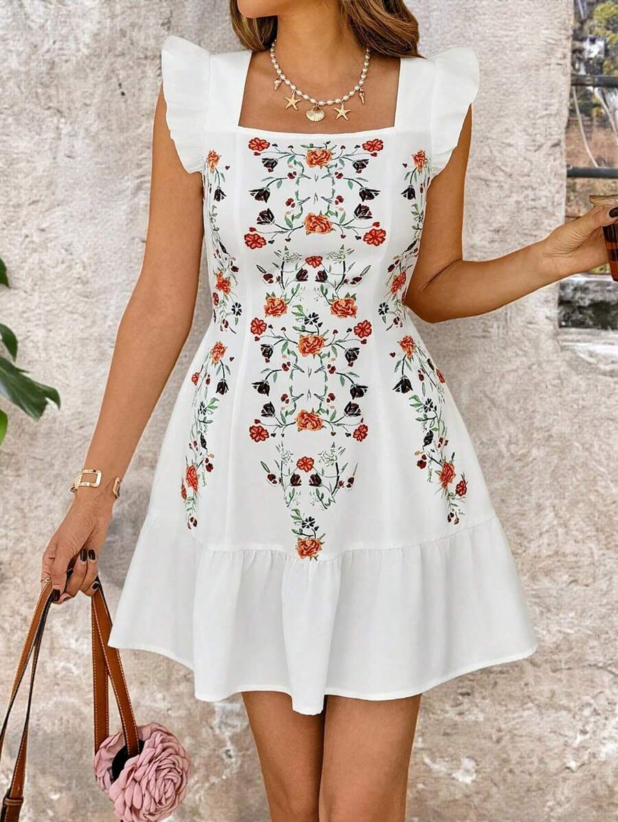 SHEIN LUNE Square Neck Cap Sleeve Slit Pocket Floral Embroidery Print Waist Cinched A-Line Hem Casual Holiday Elegant French-Style Mini Dress, Linen-Feel Material Casual Resort Elegant Streetwear Island Vacation Outfits Summer Dresses For Women Sun Dresses For Women Western Wear Women Strapless Dress Old Money Style Women Country Outfits Women Ibiza Outfits,Bohemian Clothes - White - View 1