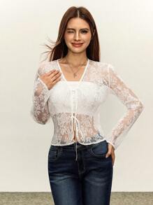 Rina Fox Lace Frill Front Bowknot Women's Sheer Thin Jacket Fall Cloth For Women - White - View 6
