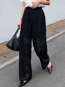 FRIFUL 女士蕾丝休闲直筒裤，透视镂空款式，夏季 - 黑色 - 查看 1