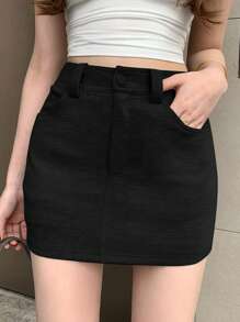 DAZY Women's Solid Color Pocket Mini Skirt, Casual & Versatile - Black - View 4