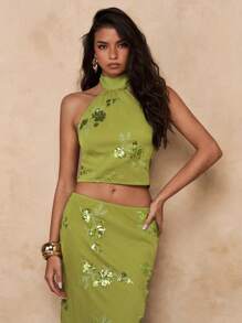 SHEIN BAE Women Floral Sequin Halter Cropped Top - Green - View 5
