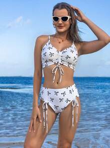 Women's Minimalist White Base Black Bow Ribbon Print Comfortable Swimsuit Top And Triangle Swimsuit Bottom Set, Random Print For Summer Beach Vacation - White - View 1