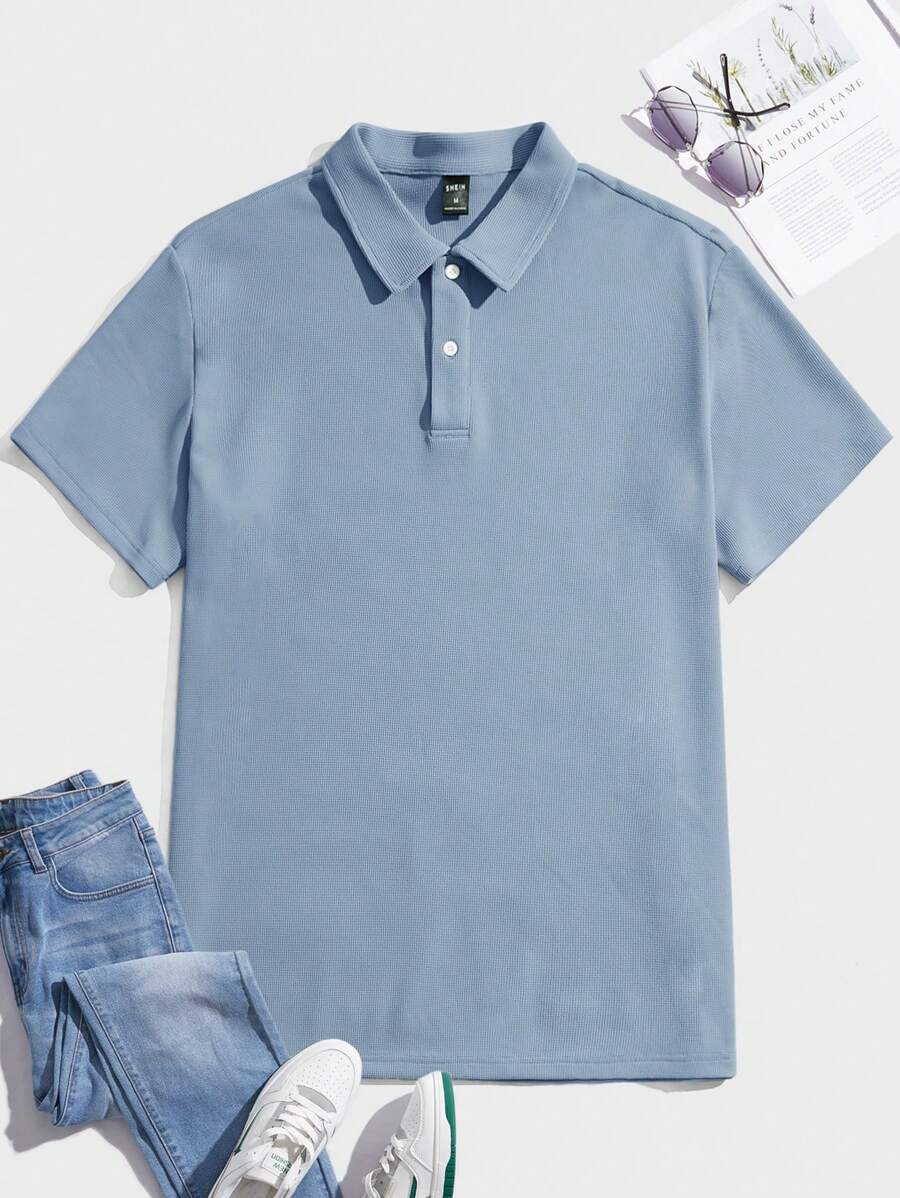 Mainfolk 男士休闲针织紧身短袖 Polo 衫,适合日常穿着 - 淺藍色 - 查看 1