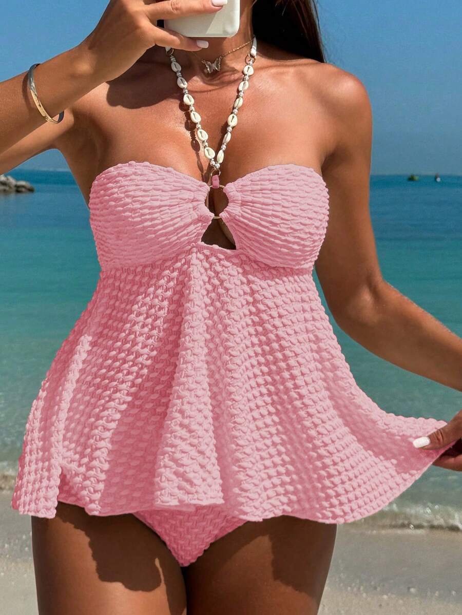 Swim Lushoire Conjunto de bikini de tirantes sexy de unicolor para vacaciones de mujer - Rosa Pálido - Ver 1