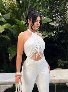 SHEIN SXY Plus Size Women's Vacation White Patchwork Fringe Design Waist Cutout Halter Jumpsuit,Suitable For Music Festival, Gatherings, Vacation, Clubs, Suitable For Banquet, Feast, Urban, Versatile, Cruise Attire, Vintage, Concert, Carnival, Outing, Richly Layered, Holiday, Date Night, Gathering, Birthday, Cocktail, Formal Event, Valentine's Day,Elegant Dresses For Women,Holiday Dress,Casual Dresses,Spring & Summer - White - View 3