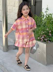 Dazy Kids 2 pièces/Set Chemise à manches courtes boutonnée à carreaux et short assorti pour jeune fille, tenues d'été pour filles