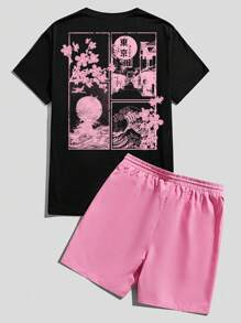 Manfinity EZcore 2 件套男士休闲粉色东京浮世绘花卉印花黑色 T 恤和粉色短裤 - 彩色 - 查看 1