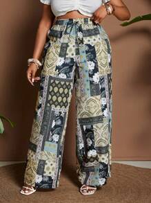 Maweii Plus Size Print Elastic Waist Drawstring Pants, Casual Fall Cloth For Women - Green - View 3