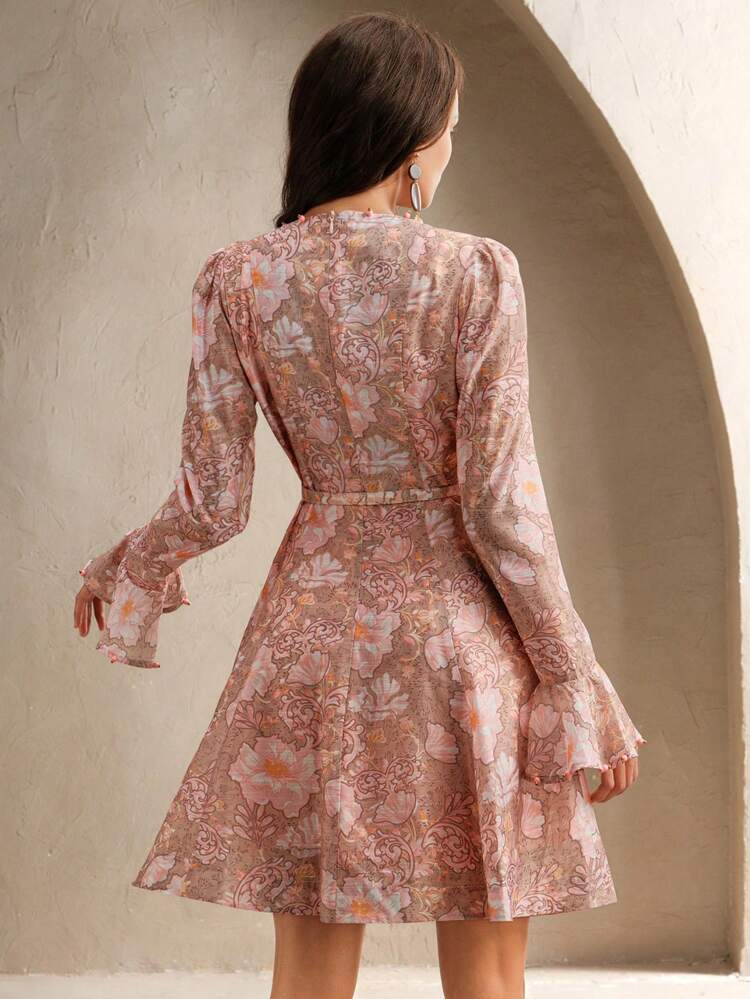 Abito lungo con maniche lunghe, scollo a V profondo, decorato con perline, con stampa floreale e cintura con perle, adatto per primavera/estate, per donne