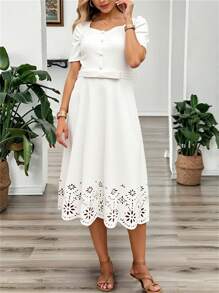 SHEIN LUNE Women's Elegant White Summer Dress Sweetheart Neck Lace Patchwork Mid-Length Dress,Graduation Church Dresses & Wedding Guest Solid Color Short Sleeve - White - View 10