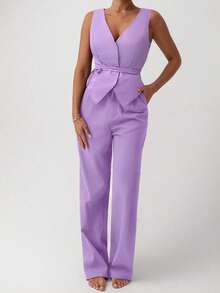 Aloruh Elegant Solid Color Versatile Commuter Suit Jacket, Vest And Pants 2 Pieces Set - Purple - View 5
