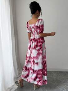 Modelyn Women's Cinched Waist Floral Print Ruffle Hem A-Line Dress - Red - View 2