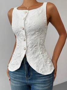Gloray Ärmellose, elegante Damen Bluse mit Perlknöpfen vorn