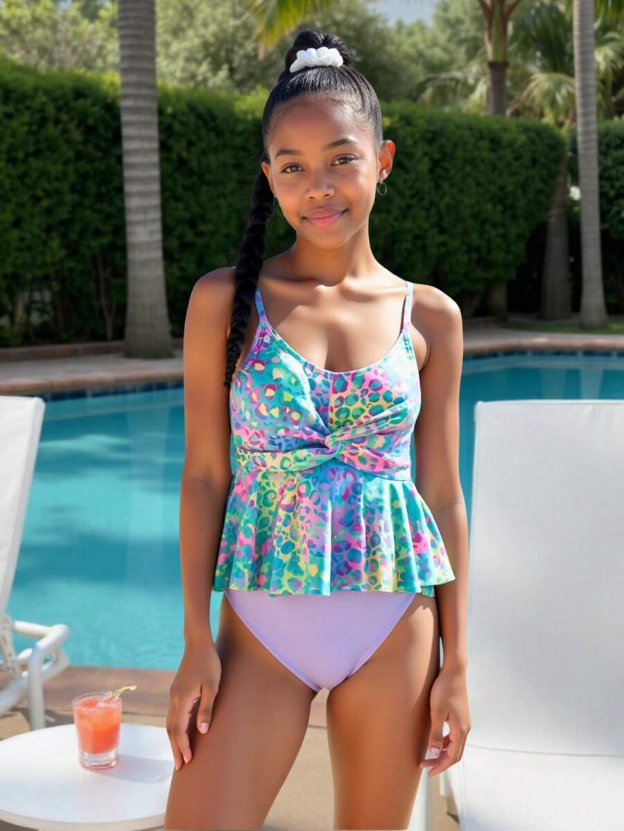 Tween Girl Colorful Leopard Print Ruffled Twist Tankini Swimsuit Set,Suitable For Summer Beach, Vacation, Swimming - Multicolor - View 1