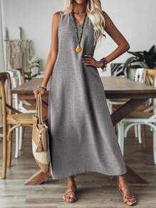 EMERY ROSE Plus Size Women Minimalist Long Commuter Dress - Dark Grey - View 6