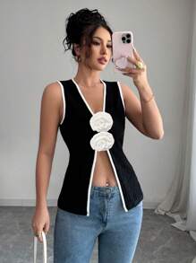 Elenzga Women's Fashion Floral Decor Slit Hem Tank Top - Black and White - View 4