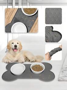 1 pieza Alfombrilla con forma de hueso y varias huellas para plato de comida de perro, alfombrilla antideslizante de silicona para cuenco de perro, alfombrilla para mascotas talla grande gruesa y resistente al agua con borde elevado, apta para perros y gatos pequeños y medianos