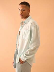 Musero Camisa de manga larga con botones, solo para verano, estilo inteligente y de calle, ideal para vacaciones - verde menta - Ver 2