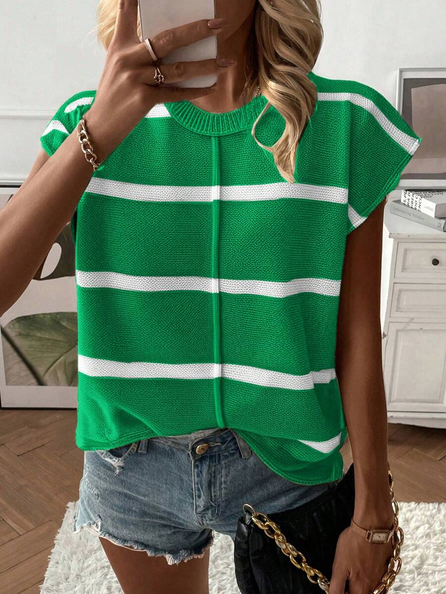 SHEIN LUNE 女士休闲宽松圆领插肩无袖针织背心，时尚条纹拼布套头毛衣背心，秋冬 - 綠色 - 查看 1