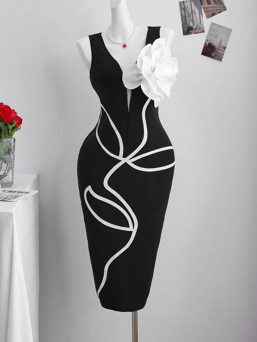Franclia Plus Size Women V-Neck Sleeveless Bodycon Maxi Dress,Black And White,Summer,Elegant,Dinner High Stretch Fabric For Commuting,Office,Casual Party - Black - View 1