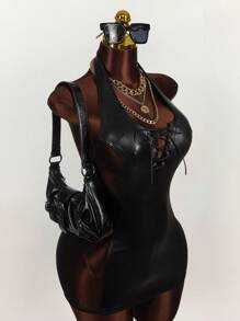 Amplova PU Mesh Patchwork V-Ausschnitt Metallose Ösen Kreuzband Träger Mini Kleid