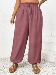 SHEIN Frenchy Pantalones informales de unicolor con cordón para tallas grandes - Rosa vieja - View 6
