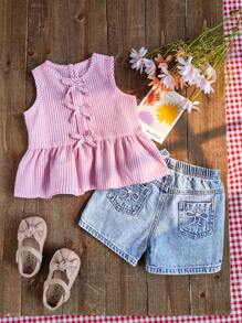 SHEIN Vintaside Kids Baby Girls Cute Pink & White Striped 2 Pieces Outfit, Round Neck Short Sleeve T-Shirt With Denim Shorts Set, Fresh Collegiate Style For Outdoor, Home, Sports, Party, Fashion