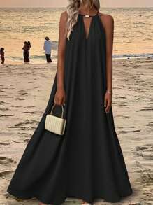 SHEIN Tall Long A-Line V-Neck Metal Decor Backless Tie Beach Casual Elegant Women Dress