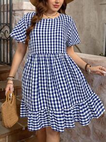 SHEIN LUNE Plus Size Summer Casual Plaid Ruffle Hem Short Sleeve Dress,Sun Dresses For Women - Navy Blue - View 1