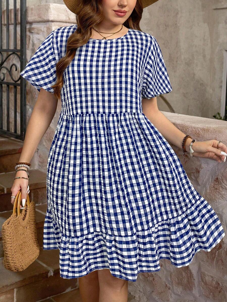 SHEIN LUNE Plus Size Summer Casual Plaid Ruffle Hem Short Sleeve Dress,Sun Dresses For Women - Navy Blue - View 1