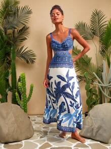 Travachic Women's Boho Maxi Dress: Blue And White Floral Print, Spaghetti Strap, Sleeveless, Flared Hem, Woven Fabric, Wrap Detail Long Dress