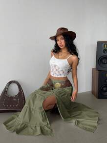 Siren Gaze 2025 Boho Beach Skirts For Women - High-Slit Linen-Blend Tiered Maxi Skirt With Elastic Waist & Lace Trim, Music Festival Essentials & Vacation | Summer A-Line Skirt,Summer For Women,Vacation Woman,Beach For Women Summer Skirt Bohemian Green Christmas Holiday Resort