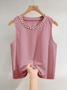 INAWLY Top sin mangas elegante para mujer decorado con perlas, para el verano - Rosa vieja - Ver 3