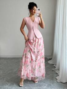SHEIN Clasi Women's Elegant Pink Floral Summer Tea Party Vintage V-Neck Sleeveless Long Dress,Mesh Panel A-Line Hem Button Front Closure,Business Casual Vacation - Pink - View 1