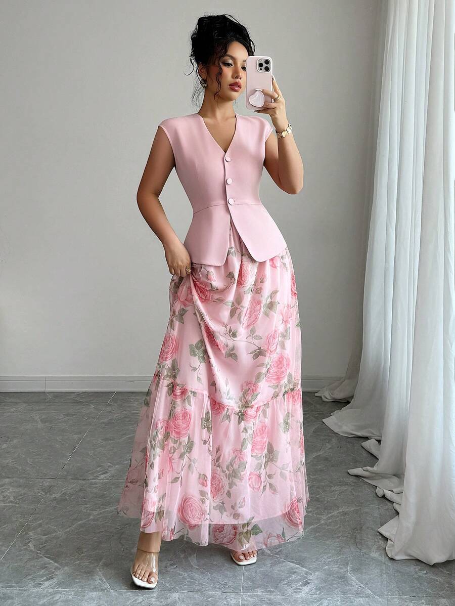 SHEIN Clasi Women's Elegant Pink Floral Summer Tea Party Vintage V-Neck Sleeveless Long Dress,Mesh Panel A-Line Hem Button Front Closure,Business Casual Vacation - Pink - View 1