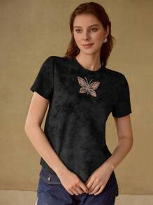 MOTF PREMIUM RHINESTONE CUT OUT BUTTERFLY T-SHIRT - Black - View 4