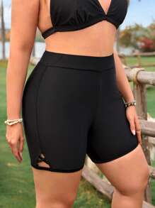 SHEIN Swim Lushore 全新大码女式纯黑色修身提拉比基尼短裤 - 黑色 - 查看 5
