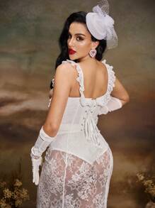 Women's Contrast Lace Ruffle Trim Front Button Waist Band - White - View 2