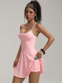 Easithlete Women's Summer Crisscross Back Sports Dress With Contrast Trim - Pink - View 6