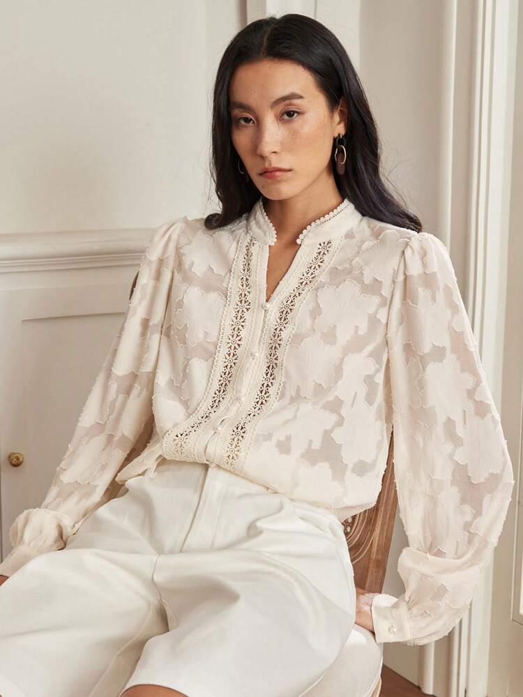 Elegant Lace Patchwork Pearl Button Texture Long Sleeve Business Casual Women Shirt For Summer Commuting,Fall Women Clothes