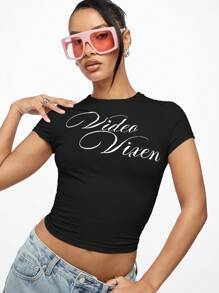 SUMWON WOMEN Video Vixen 短袖婴儿短款 T 恤 Y2K 时尚复古风格街头服饰城市俱乐部节日夏季派对上衣 - 黑色 - 查看 6