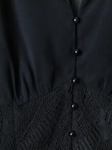 Franclia Áo cánh tay ngắn bằng vải voan màu đen giản dị cổ chữ V, xếp nếp, chắp vá - màu đen - Xem 4