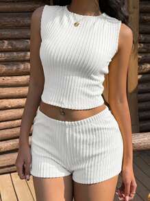 SHEIN EZwear 2件套女士时尚黄色针织套装，适合夏季 - 白色 - 查看 7