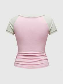 Strawberry Shortcake | ROMWE Plus Size Colorblock Cartoon & Letter Graphic Round Neck Short Sleeve T-Shirt, Summer - Pink - View 4